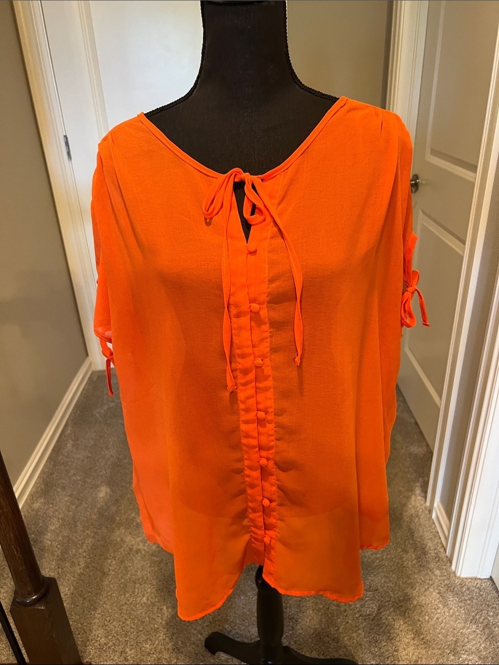 Roman Fashion Bright Orange Tie-Front Button Blouse